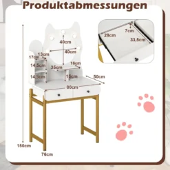 Schminktisch in Katzenform mit Spiegel & Beleuchtung & Schubladen Frisiertisch Weiß