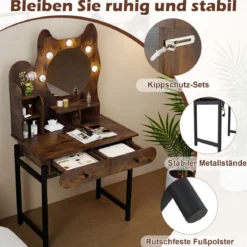 Schminktisch in Katzenform mit Spiegel & Beleuchtung & Schubladen Frisiertisch Braun