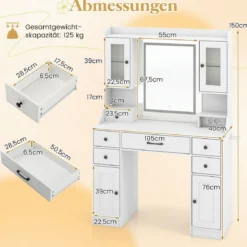 Schminktisch mit Beleuchtung & Spiegel & Steckdosen & Haartrocknerhalter Frisierisch