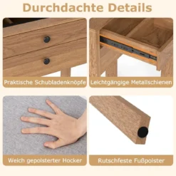 Schminktisch mit Gepolsterter Hocker & Steckdosen & 3 Farbige LED Spiegel Kosmetiktisch