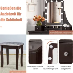 Schminktisch mit Hocker 360° drehbarem Spiegel und 10 dimmbaren LED-Birnen Kosmetiktisch Braun