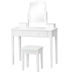Schminktisch mit Hocker & 360° drehbarem Spiegel & 10 dimmbarenverstellbaren LED-Birnen Weiß