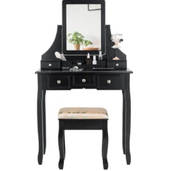 Schminktisch mit Hocker Frisiertisch-Set Kosmetiktisch mit 5 Schubladen und Spiegel Schwarz