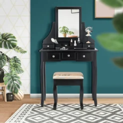 Schminktisch mit Hocker Frisiertisch-Set Kosmetiktisch mit 5 Schubladen und Spiegel Schwarz