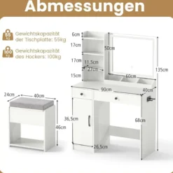 Schminktisch mit Hocker & LED-Spiegel & Steckdosen Frisierttisch-Set Kosmetiktisch Weiß
