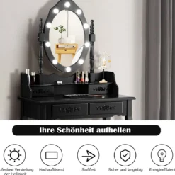 Schminktisch mit Hocker Spiegel & 10 dimmbaren LED-Birnen 75 x 40 x 146 cm Schwarz