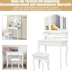Schminktisch mit Hocker & 3-teiligem Klappbarem Spiegel & 4 Schubladen Frisiertisch Weiß