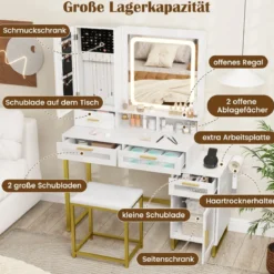 Schminktisch mit LED-Beleuchtung & Ladestation & Hocker Frisiertisch Schmuckschrank
