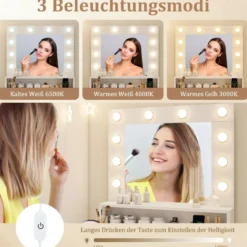 Schminktisch mit LED-Beleuchtung einstellbare Helligkeit Frisiertisch mit Spiegel Weiß