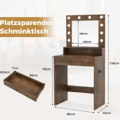 Schminktisch mit LED-Beleuchtung Einstellbare Helligkeit Frisiertisch mit Spiegel Rustikalbraun