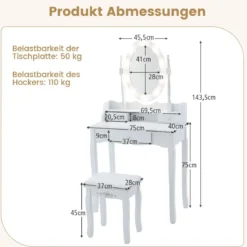Schminktisch mit LED-Beleuchtung einstellbare Helligkeit Frisiertisch mit 3 Schubladen Weiß