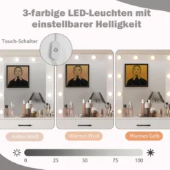 Schminktisch mit LED-Beleuchtung 3 Farben mit Einstellbarer Helligkeit Frisiertisch Weiß