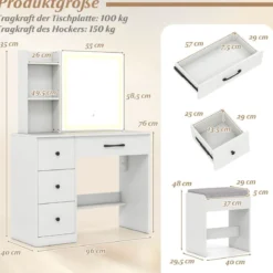 Schminktisch mit LED Schiebespiegel & Hocker & Schubladen & Steckdosen Kosmetiktisch Weiß