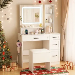 Schminktisch mit Spiegel & Beleuchtung Make-up Tisch Set mit Sitzhocker Steckdosen Weiß
