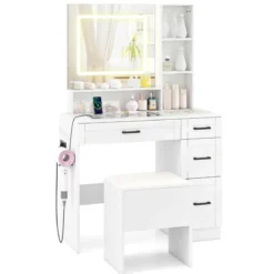 Schminktisch mit Spiegel & Beleuchtung Make-up Tisch Set mit Sitzhocker Steckdosen Weiß