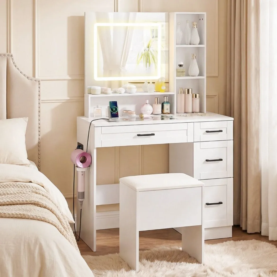Schminktisch mit Spiegel & Beleuchtung Make-up Tisch Set mit Sitzhocker Steckdosen Weiß