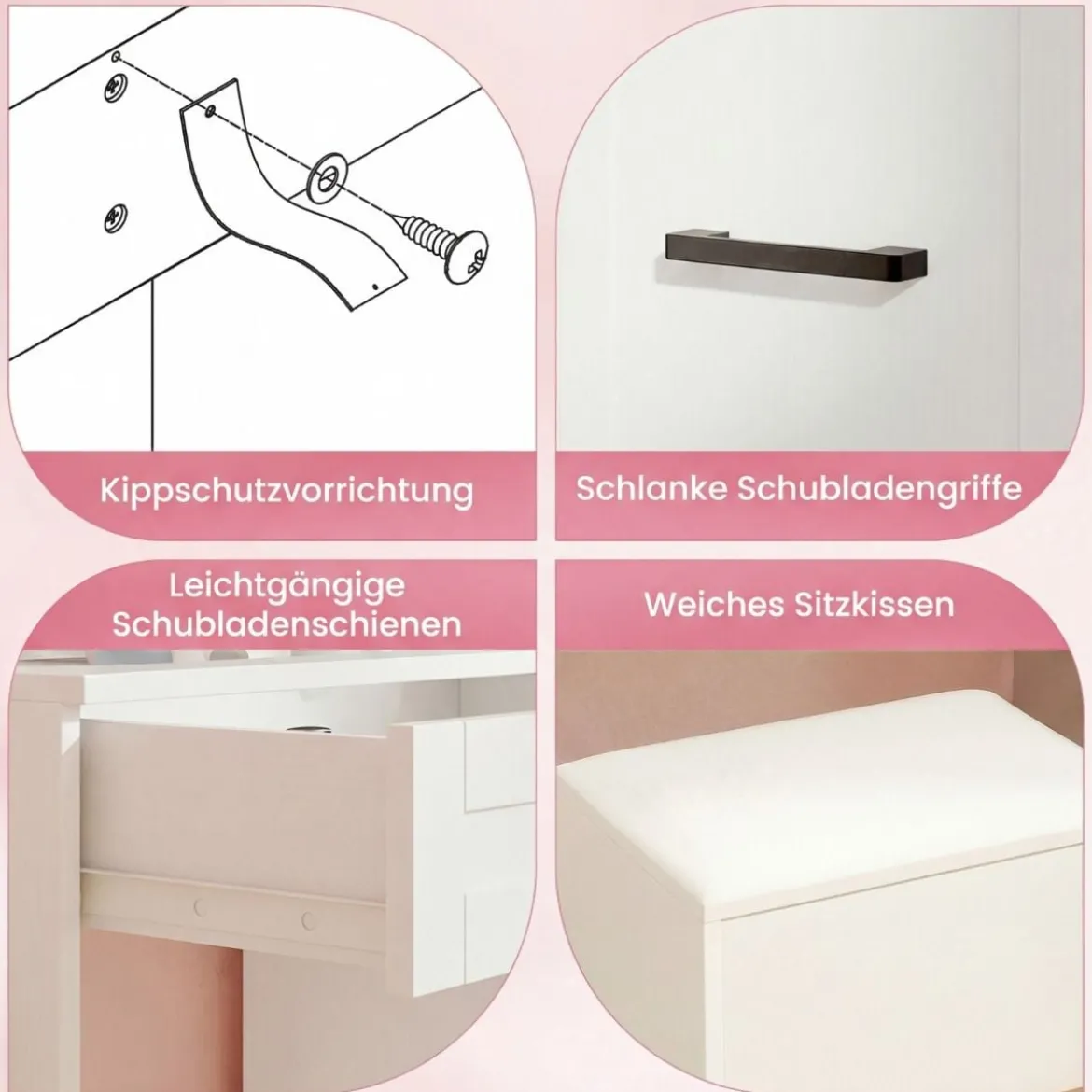 Schminktisch mit Spiegel & Beleuchtung Make-up Tisch Set mit Sitzhocker Steckdosen Weiß