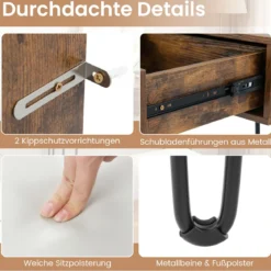 Schminktisch mit Spiegel & Beleuchtung & Ladestation & Hocker Frisiertisch Kosmetiktisch Rustikales Braun