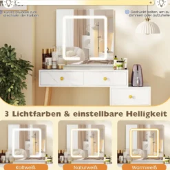 Schminktisch mit Spiegel & Beleuchtung Makeup-Schminkset mit 3 Lichtmodi verstellbarer Helligkeit Weiß