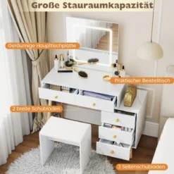 Schminktisch mit Spiegel & Beleuchtung Makeup-Schminkset mit 3 Lichtmodi verstellbarer Helligkeit Weiß