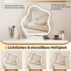 Schminktisch mit Spiegel & Beleuchtung Make-up-Tisch mit 3 Lichtmodi einstellbare Helligkeit Weiß