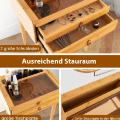 Schminktisch mit Spiegel & 2 Schubladen Kleiner Kosmetiktisch mit Tischplatte aus gehärtetem Glas & Stauraum