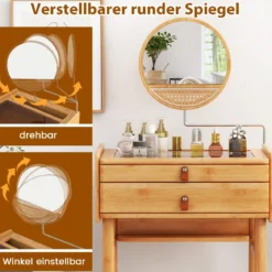 Schminktisch mit Spiegel & 2 Schubladen Kleiner Kosmetiktisch mit Tischplatte aus gehärtetem Glas & Stauraum