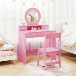 Schminktisch-Set für Kinder mit Spiegel Frisiertisch & Stuhl im Prinzessinnen-Motiv mit Acrylspiegel Rosa