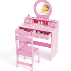 Schminktisch-Set für Kinder mit Spiegel Frisiertisch & Stuhl im Prinzessinnen-Motiv mit Acrylspiegel Rosa