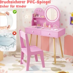 Schminktisch-Set für Kinder mit beleuchtetem Spiegel Kosmetiktisch und Stuhl-Set mit Prinzessinnen-Motiv Rosa