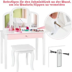 Schminktisch Set Kinder 2 in 1 mit Dreifach Klappbarem Spiegel & Schublade Weiß