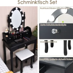 Schminktisch Set mit 360° drehbarem Spiegel Kosmetiktisch Schwarz