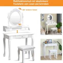 Schminktisch Set mit 360° Drehbarem Ovalspiegel & 3 Schubladen & Gepolstertem Hocker Weiß