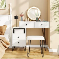 Schminktisch Set mit Hocker & Beleuchtung & Steckdose & Drehbarer Spiegel Kosmetiktisch