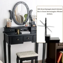 Schminktisch Set mit LED Beleuchtung Frisiertisch mit Hocker und Spiegel Frisierkommode Kosmetiktisch mit 5 Schubladen