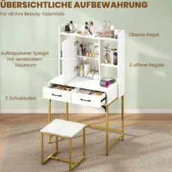 Schminktisch-Set mit Spiegel Schminktisch mit Ladestation Schubladen offenen Regalen und Spiegelschrank für Schlafzimmer Weiß