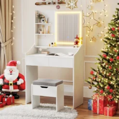 Schminktisch-Set mit Spiegel & LED-Beleuchtung & Aufbewahrungshocker Make-up-Tisch Weiß