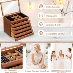 Schmuckschatulle für Ohrringe Holzkiste 1 Top-Fach mit Spiegel und 5 Schubladen Braun