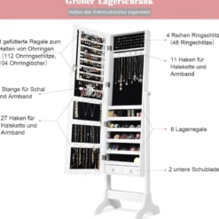 Schmuckschrank Abschließbar chmuck Spiegelschrank mit Spiegel 46 x 37 x 156 cm Weiß