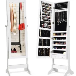 Schmuckschrank Abschließbar chmuck Spiegelschrank mit Spiegel 46 x 37 x 156 cm Weiß