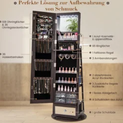 Schmuckschrank 360° drehbar Spiegelschrank abschließbar Schmuckregal mit Ganzkörperspiegel Lila