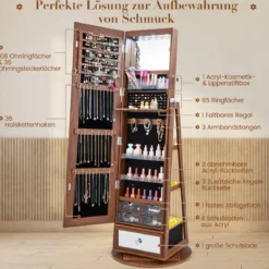 Schmuckschrank 360° drehbar Spiegelschrank mit Ganzkörperspiegel 140 x 37 cm Braun