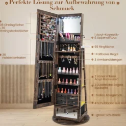 Schmuckschrank 360° drehbar Spiegelschrank mit Ganzkörperspiegel 140 x 37 cm Rustikales Braun