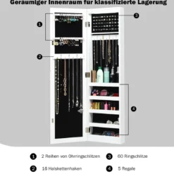 Schmuckschrank für Tür und Wandmontage Ganzkörperspiegel Spiegel mit Aufbewahrungsregalen 30 x 8,5 x 129,5 cm Weiß