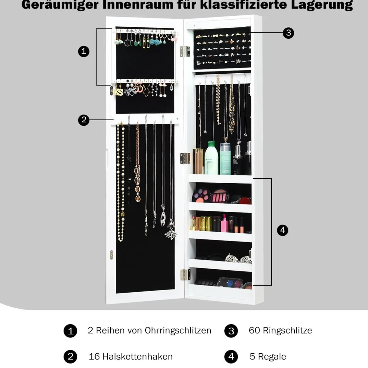 Schmuckschrank für Tür und Wandmontage Ganzkörperspiegel Spiegel mit Aufbewahrungsregalen 30 x 8,5 x 129,5 cm Weiß