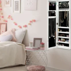 Schmuckschrank für Tür und Wandmontage Ganzkörperspiegel Spiegel mit Aufbewahrungsregalen 30 x 8,5 x 129,5 cm Weiß