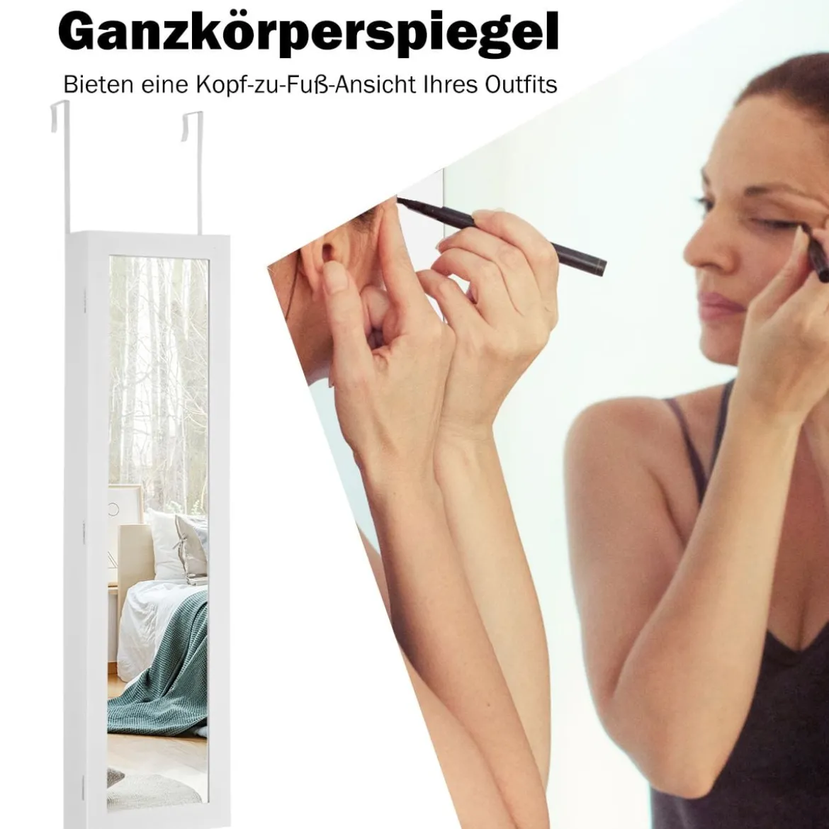 Schmuckschrank für Tür und Wandmontage Ganzkörperspiegel Spiegel mit Aufbewahrungsregalen 30 x 8,5 x 129,5 cm Weiß