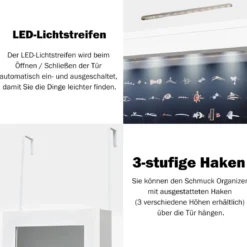 Schmuckschrank für Tür und Wandmontage Ganzkörperspiegel Spiegel mit Aufbewahrungsregalen 30 x 8,5 x 129,5 cm Weiß