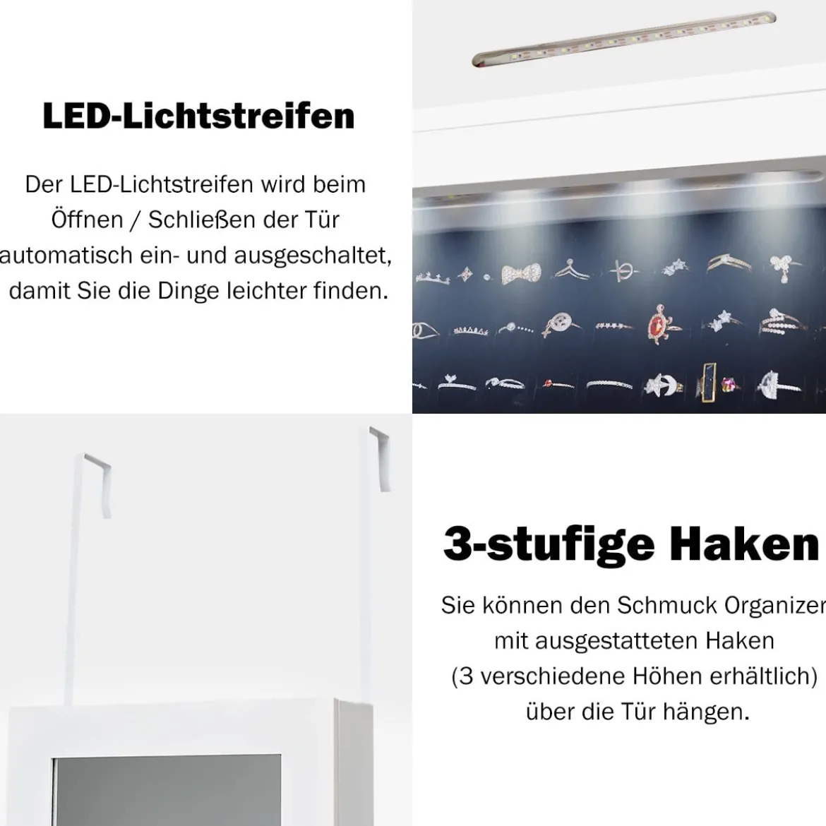 Schmuckschrank für Tür und Wandmontage Ganzkörperspiegel Spiegel mit Aufbewahrungsregalen 30 x 8,5 x 129,5 cm Weiß