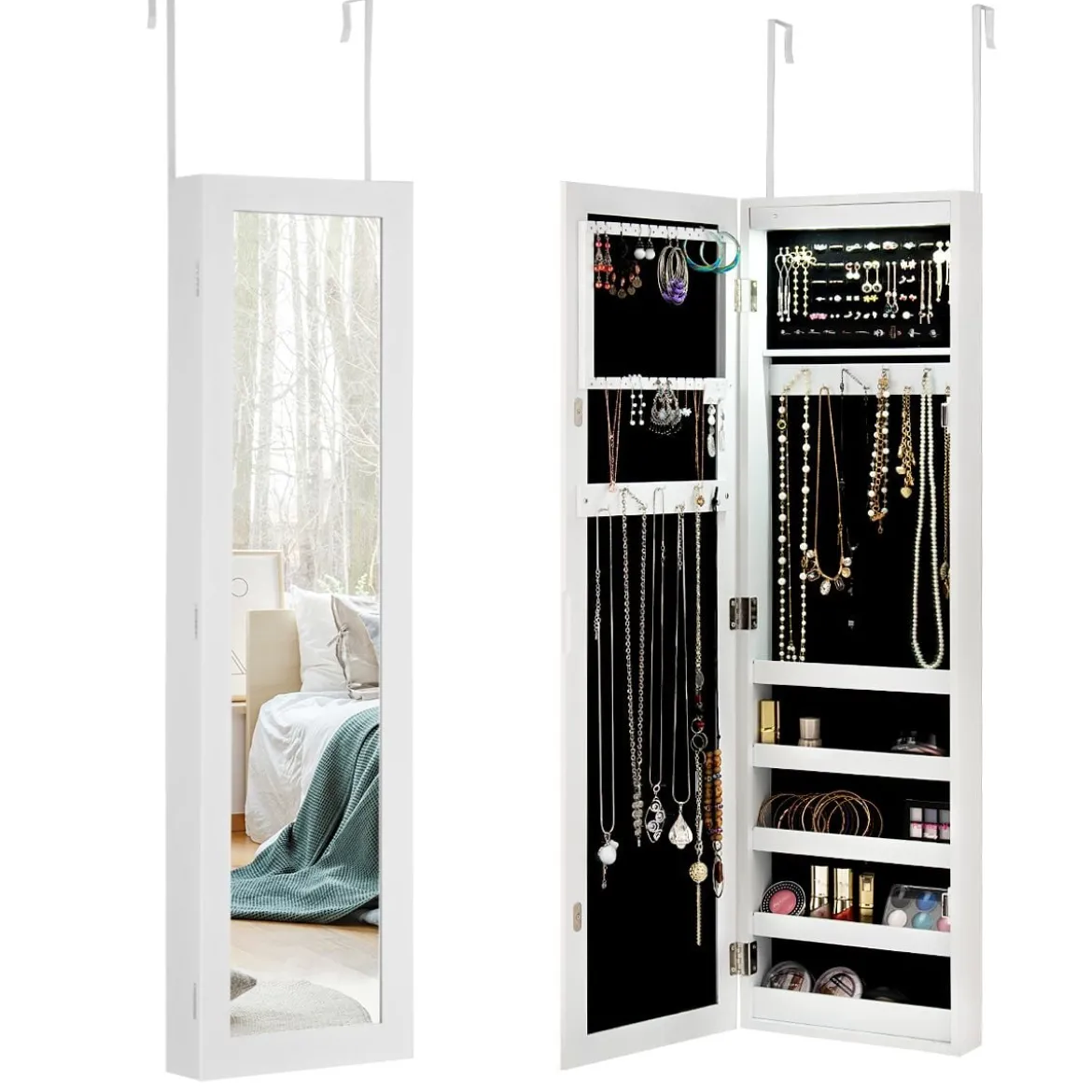 Schmuckschrank für Tür und Wandmontage Ganzkörperspiegel Spiegel mit Aufbewahrungsregalen 30 x 8,5 x 129,5 cm Weiß
